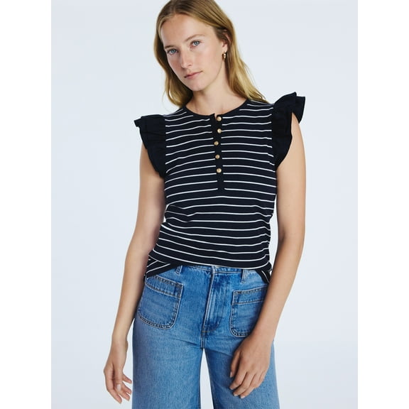 Free Assembly Women's and Women’s Plus Flutter Sleeve Henley Top, Sizes XS-4X