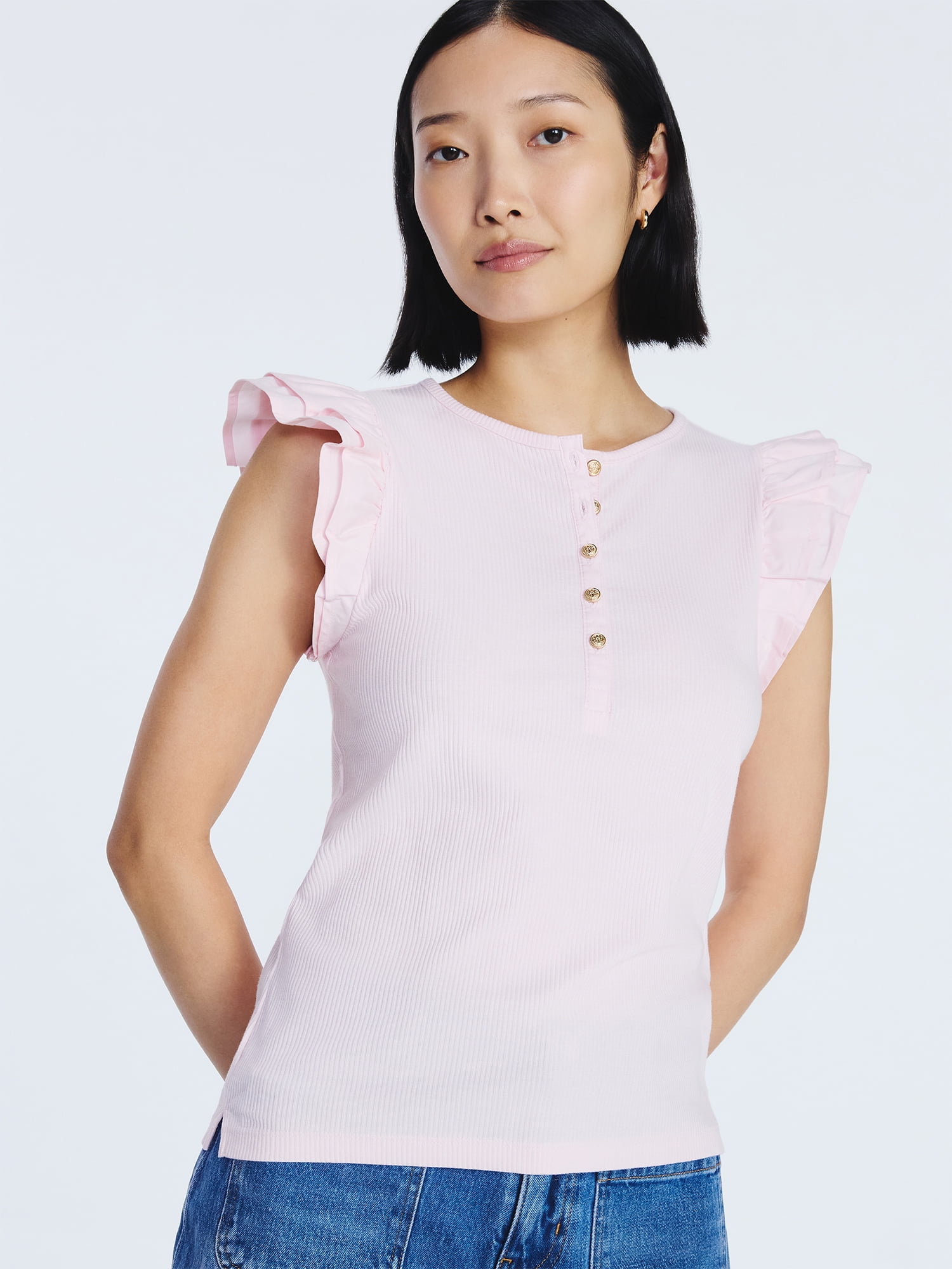 Free Assembly Women's and Women’s Plus Flutter Sleeve Henley Top, Sizes XS-4X