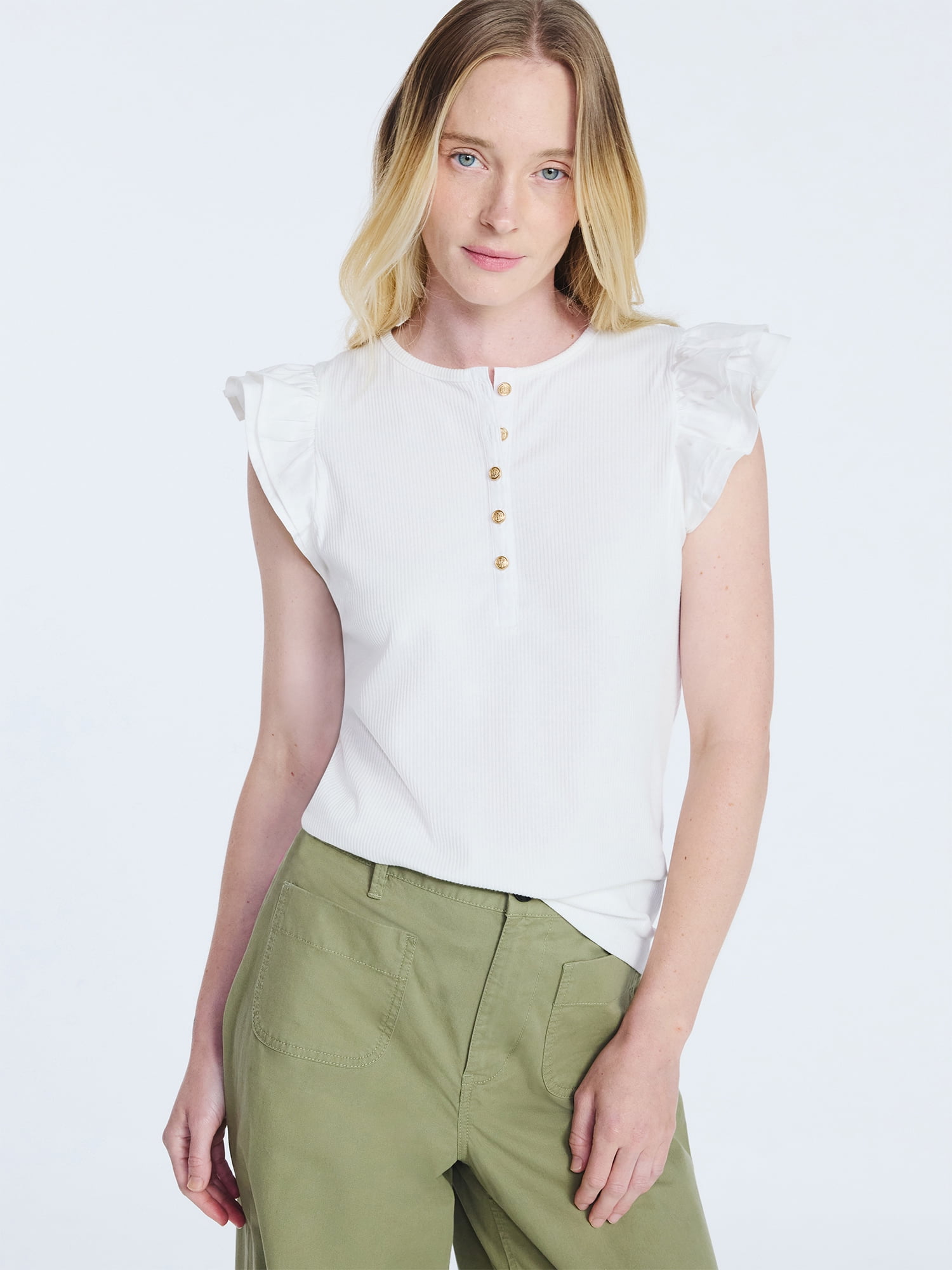 Free Assembly Women's and Women’s Plus Flutter Sleeve Henley Top, Sizes XS-4X