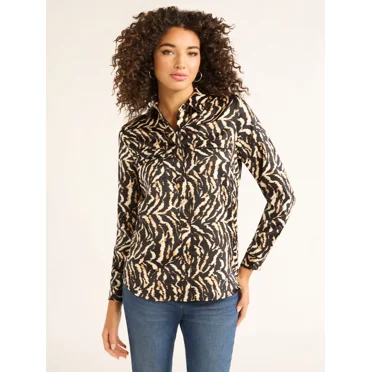 Sofia Jeans Women's Pocket Blouse with Long Sleeves, Sizes XS-XXXL