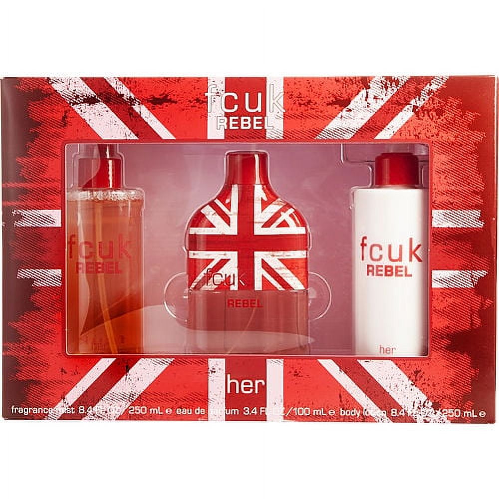 WOMEN EAU DE PARFUM SPRAY 3.4 OZ BODY LOTION 8.4 OZ FRAGRANCE MIST 8.4 OZ by FCUK REBEL HER
