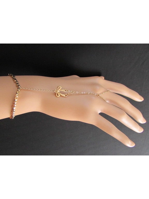 WOMEN GOLD CLASSIC METAL FASHION HAND CHAIN BRACELET RING RIBBON BOW TIE CHARM