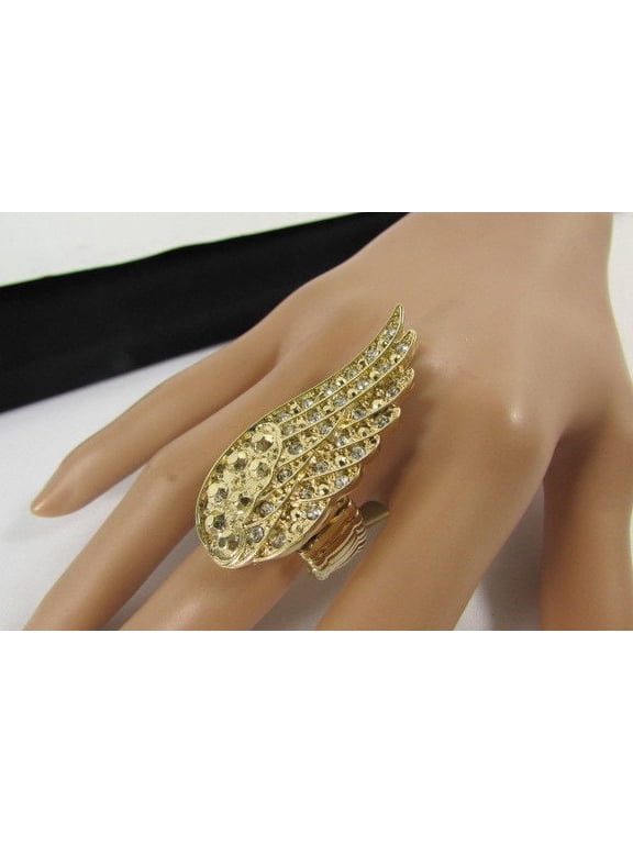 WOMEN GOLD METAL LARGE FASHION JEWELRY RING LONG EAGLE WING SILVER RHINESTONE