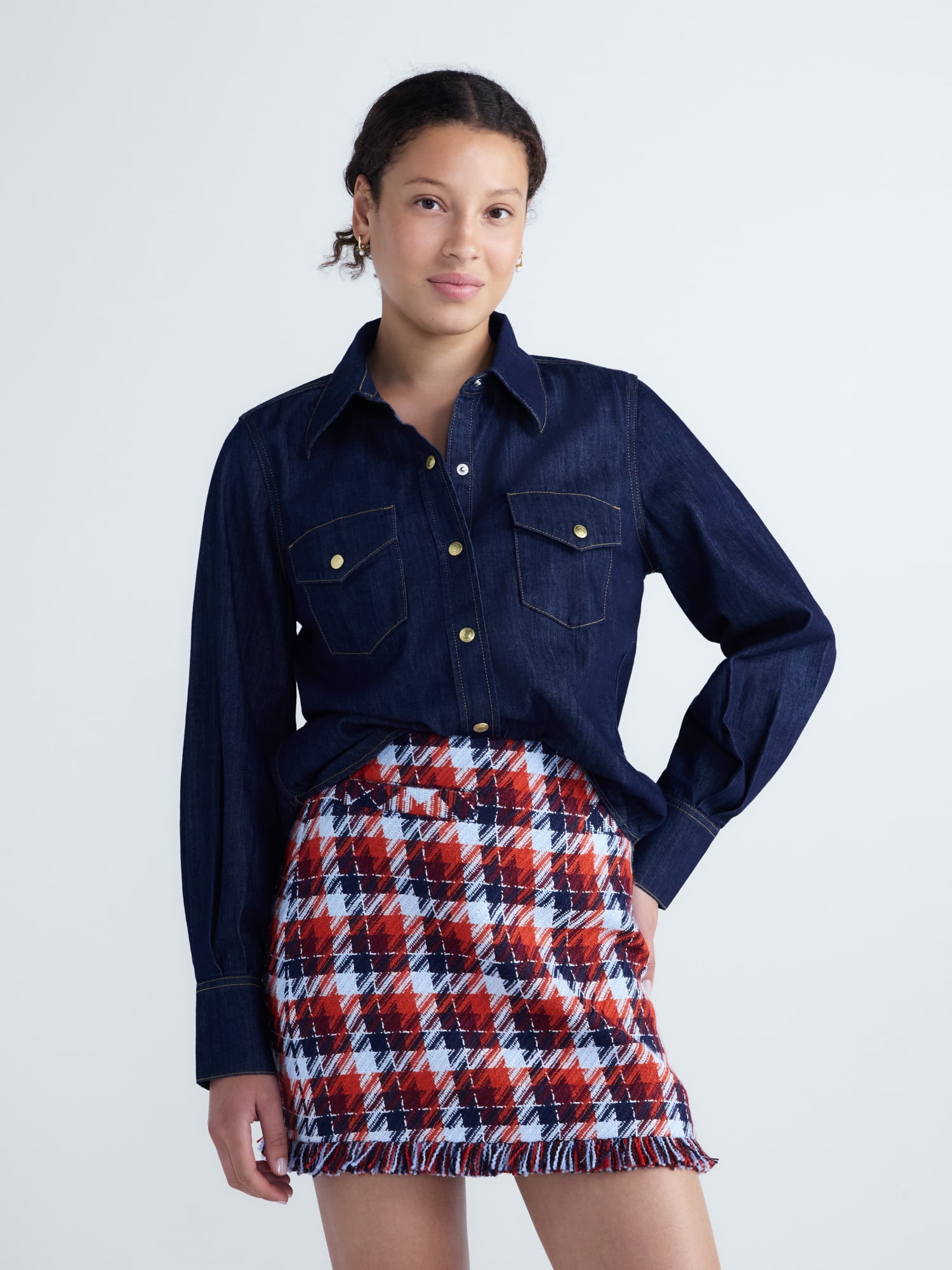 Free Assembly Women's and Women's Plus Chambray Shirt with Long Sleeves, Sizes XS-4X