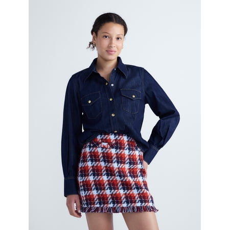 Free Assembly Women's and Women's Plus Chambray Shirt with Long Sleeves, Sizes XS-4X