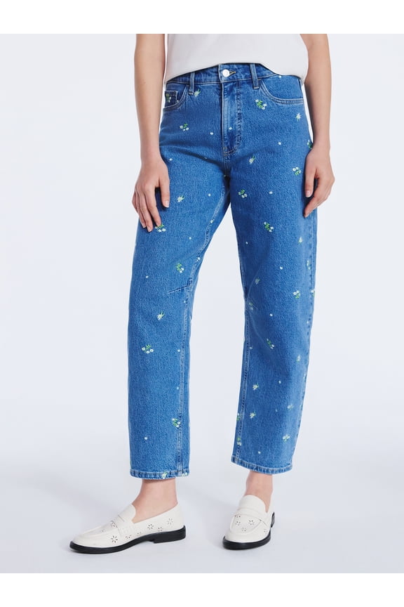 Women's and Women's Plus Embroidered Mid Rise Cropped Barrel Jeans, Sizes 0-26W