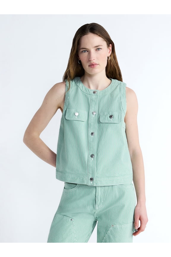 Women's and Women's Plus Button Front Sleeveless Denim Top, Sizes XS-4X