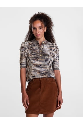Women's and Women's Plus Henley Sweater with Puff Sleeves, Lightweight, Sizes XS-4X