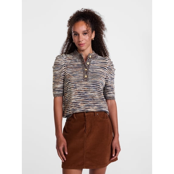 Scenario Women's and Women's Plus Henley Sweater with Puff Sleeves, Lightweight, Sizes XS-4X