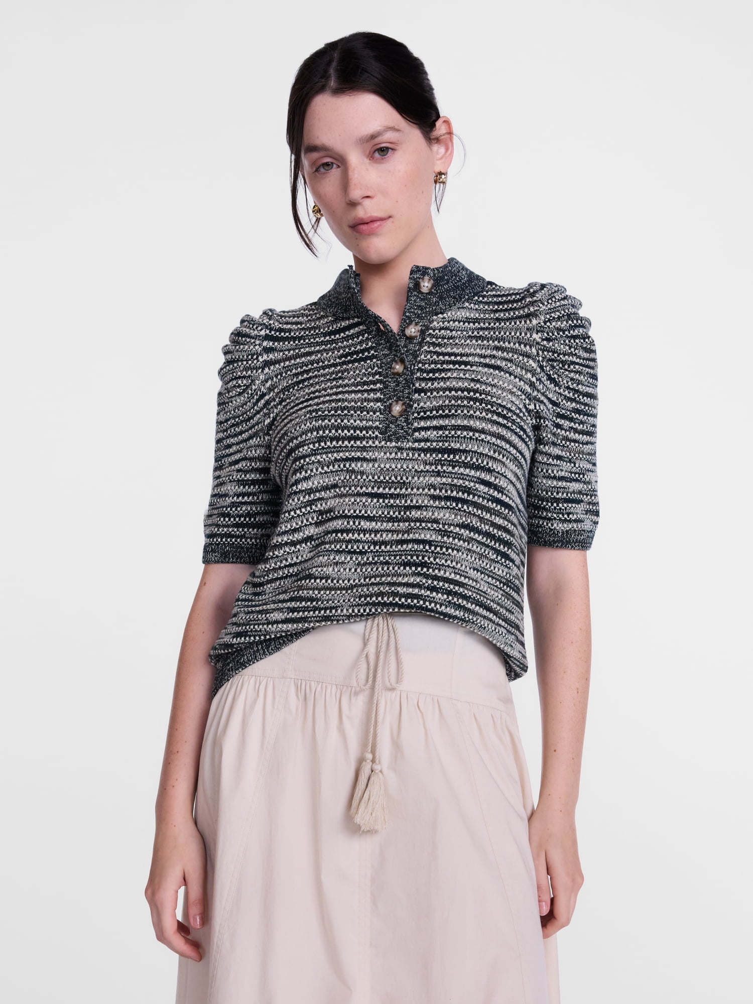 Scenario Women's and Women's Plus Henley Sweater with Puff Sleeves, Lightweight, Sizes XS-4X