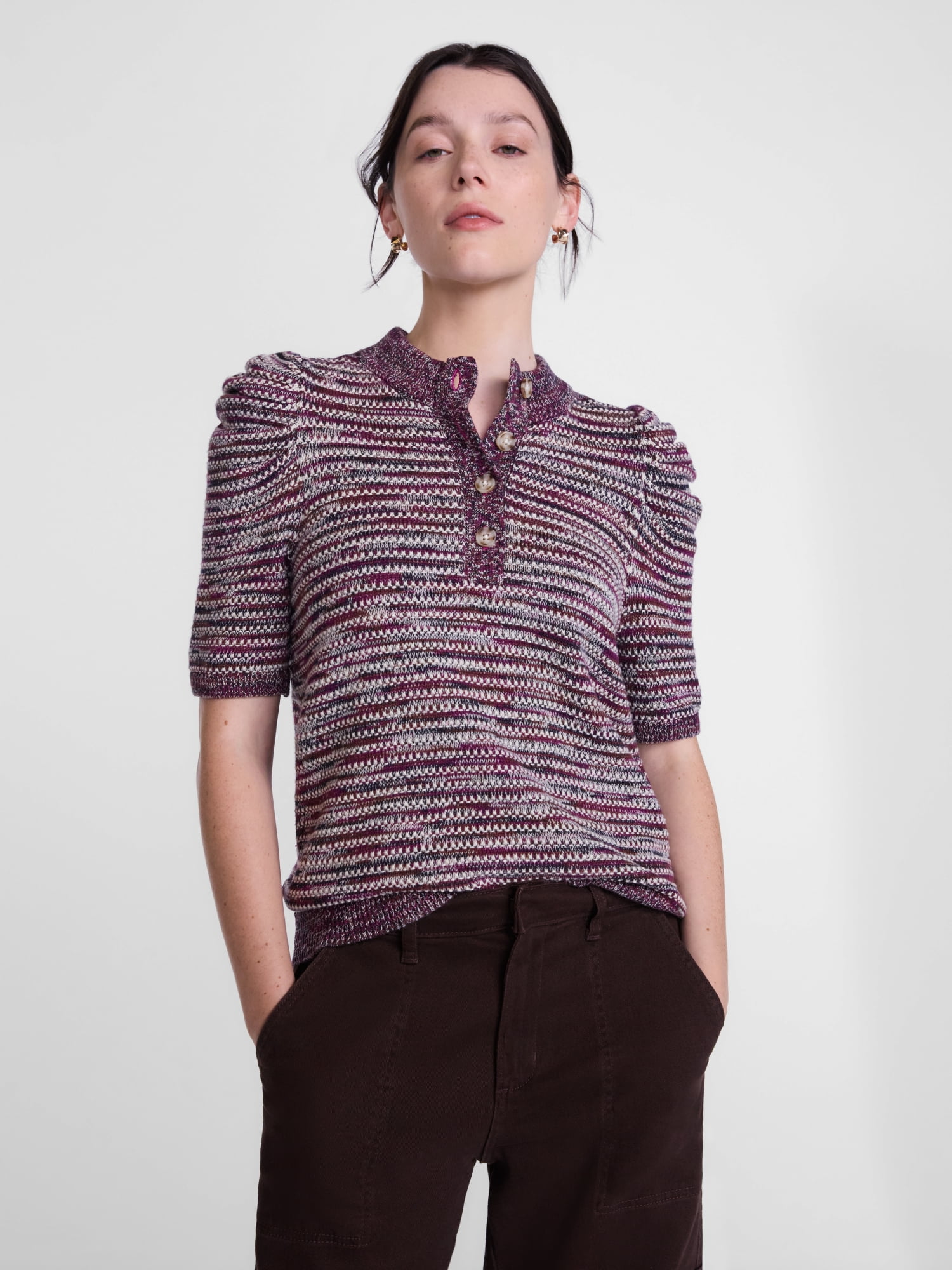 Scenario Women's and Women's Plus Henley Sweater with Puff Sleeves, Lightweight, Sizes XS-4X