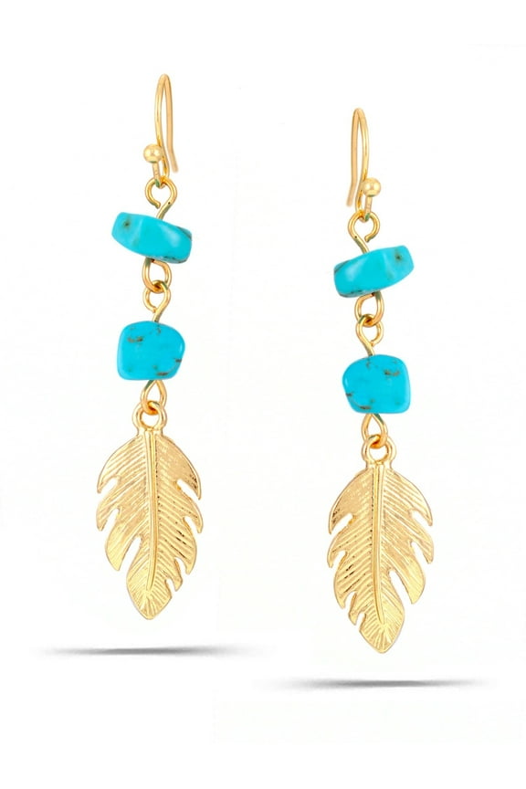 WOMEN'S GOLD FEATHER TURQUOISE DROP EARRINGS