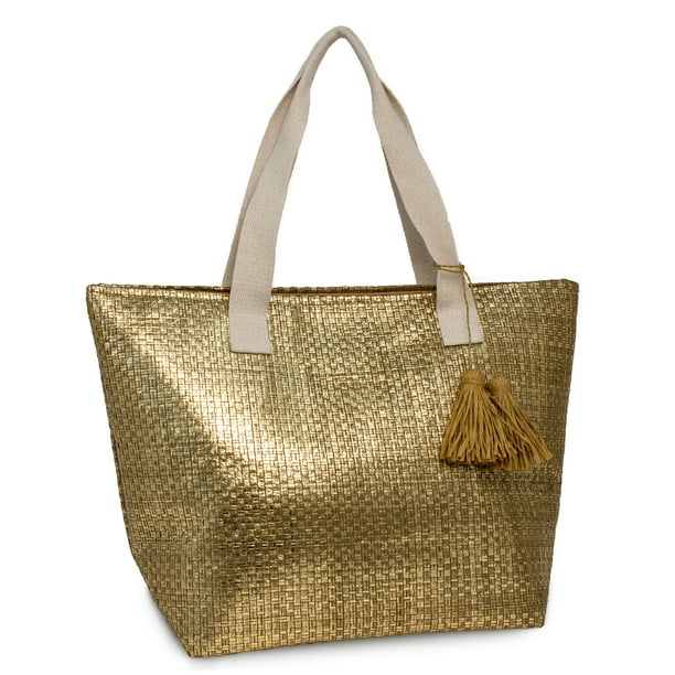 WOMEN'S INSULATED METALLIC GOLD BEACH TOTE BAG WITH TASSEL AND DOUBLE FLAT HANDLE