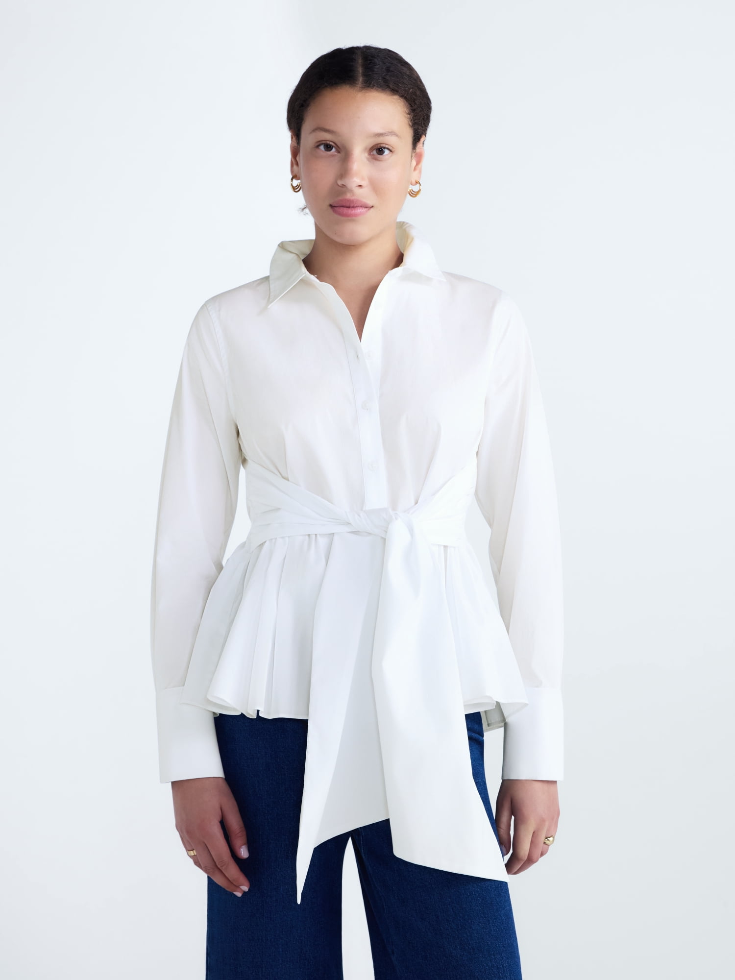 Free Assembly Women's and Women's Plus Peplum Button Front Cotton Shirt, Sizes XXS-4X
