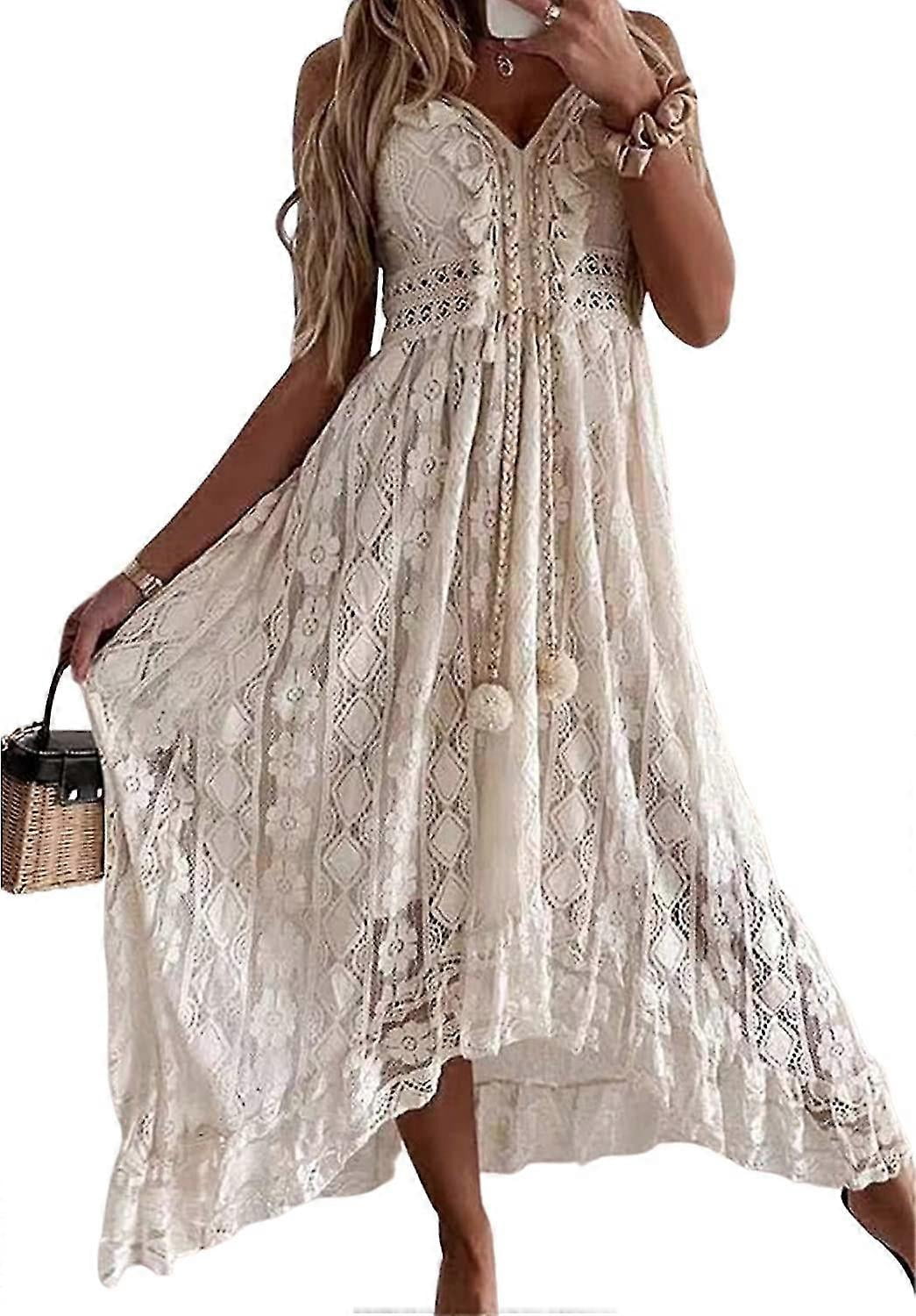 WOMEN'S summer slip down boho maxi dress lace up tassel V-neck flare ...