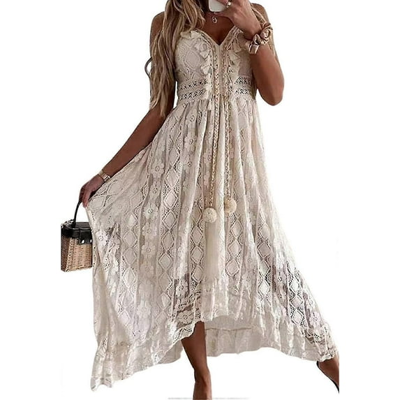 WOMEN'S summer slip down boho maxi dress lace up tassel V-neck flare ruffle beach dresses