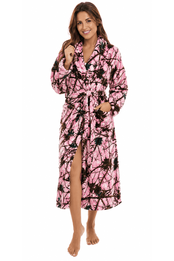 WOMEN SOFT PLUSH PINK CAMO CORAL FLEECE BELTED LOUNGE ROBE-BATH ROBE, LARGE