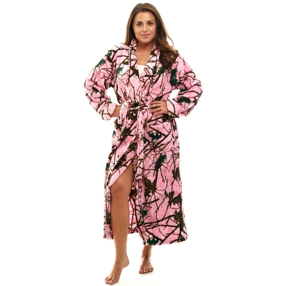 WOMEN SOFT PLUSH PINK CAMO CORAL FLEECE BELTED LOUNGE ROBE-BATH ROBE, SMALL