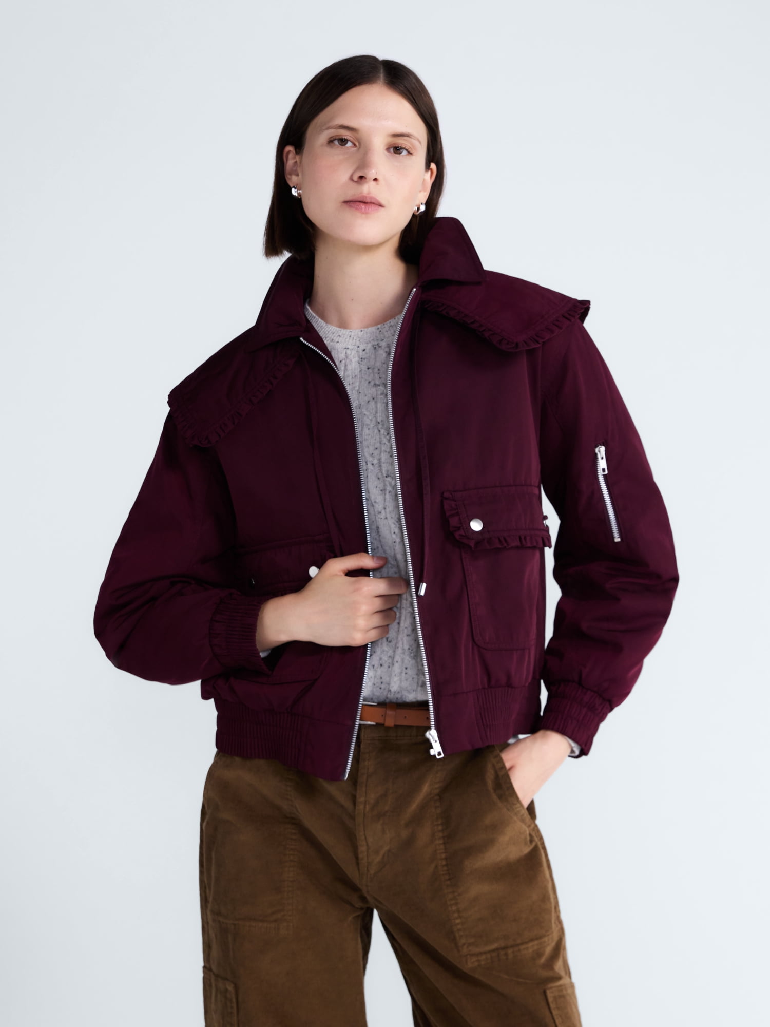 Free Assembly Women's and Women's Plus Ruffle Collar Bomber Jacket, Sizes XS-4X