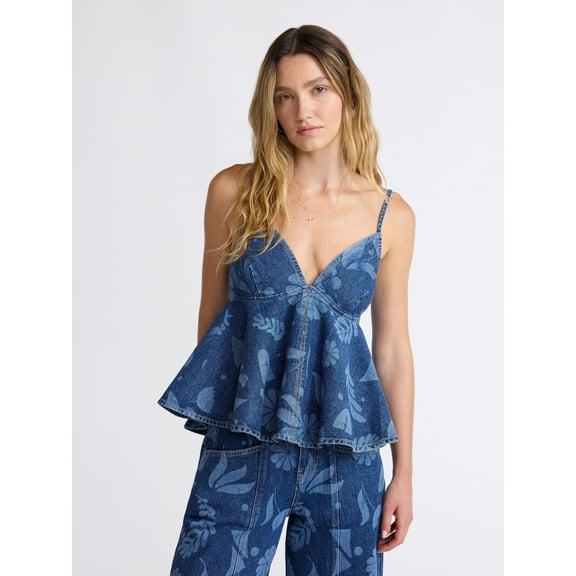 Scoop Women's Print Denim Peplum Cami Top, Sizes XS-XXL