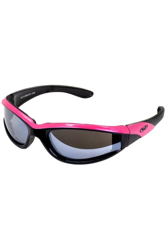 Womens Pink Padded Motorcycle Riding Sunglasses Flash Mirror Lenses w/Pouch