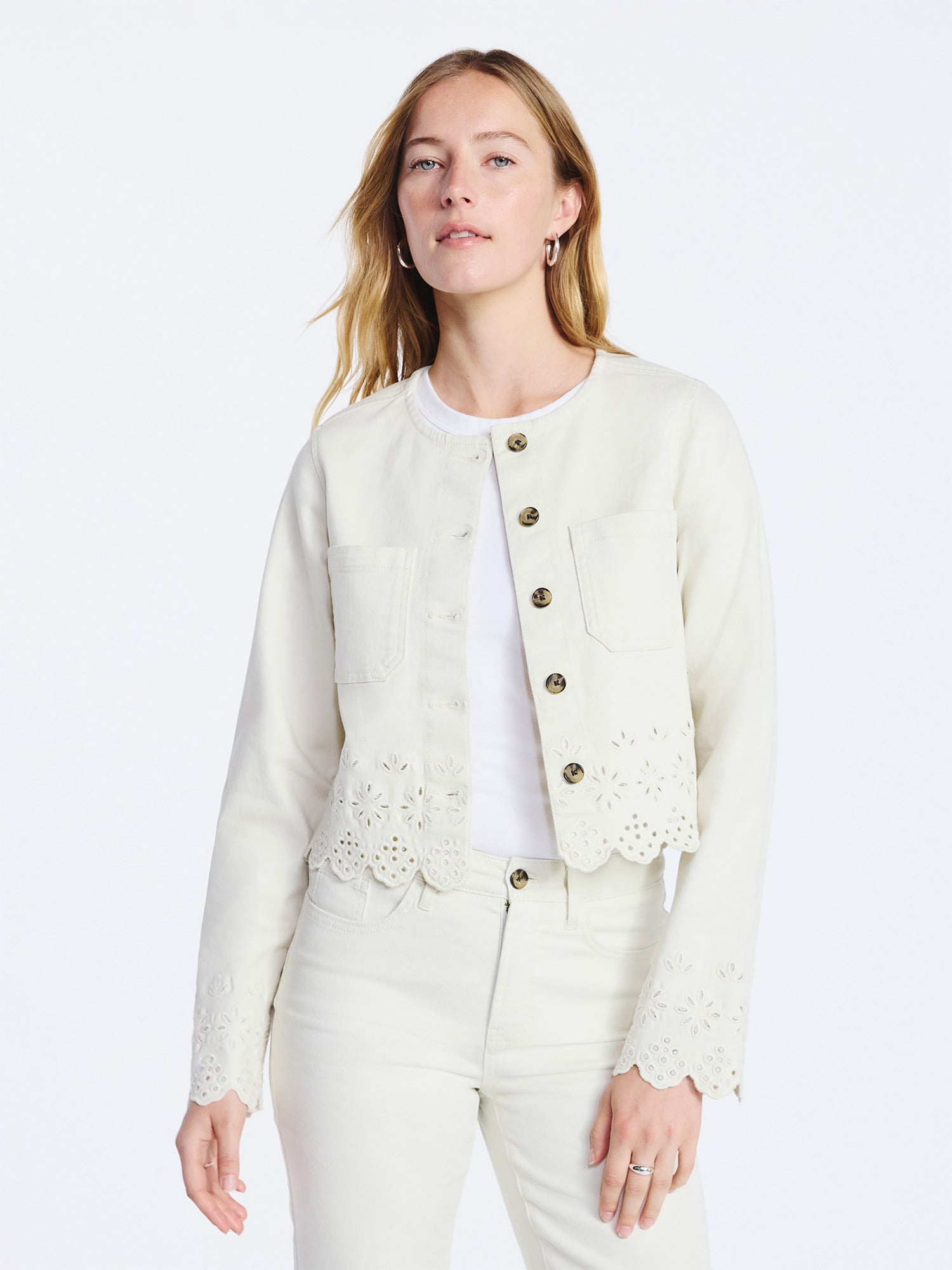 Free Assembly Women's and Women's Plus Embroidered Eyelet Denim Jacket, Sizes XS-4X