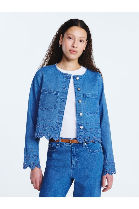Women's and Women's Plus Embroidered Eyelet Denim Jacket, Sizes XS-4X