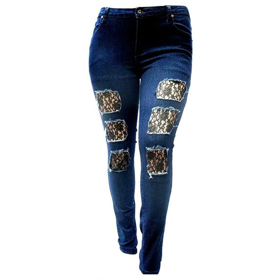 WOMENS PLUS SIZE DK BLUE Denim JEANS Skinny W/ BLACK LACE Distressed Pants N295B