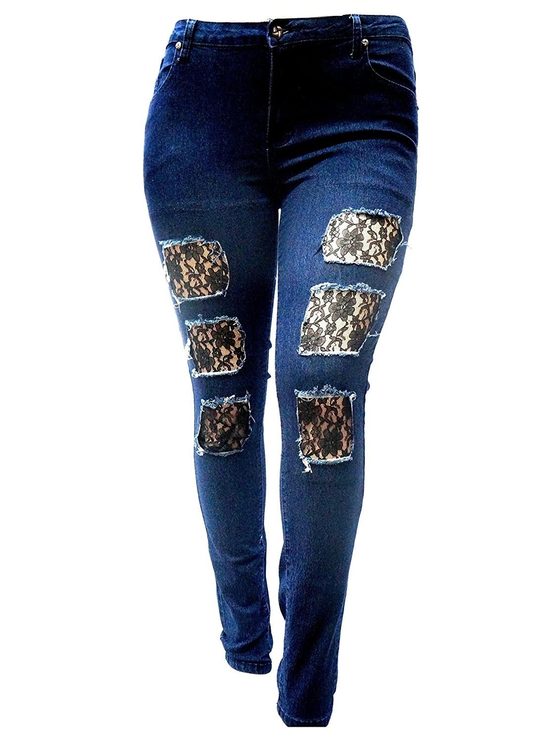 【oan】Damage Wide Black Blue Pants WOMENS PLUS SIZE DK BLUE Denim JEANS Skinny W/ BLACK LACE