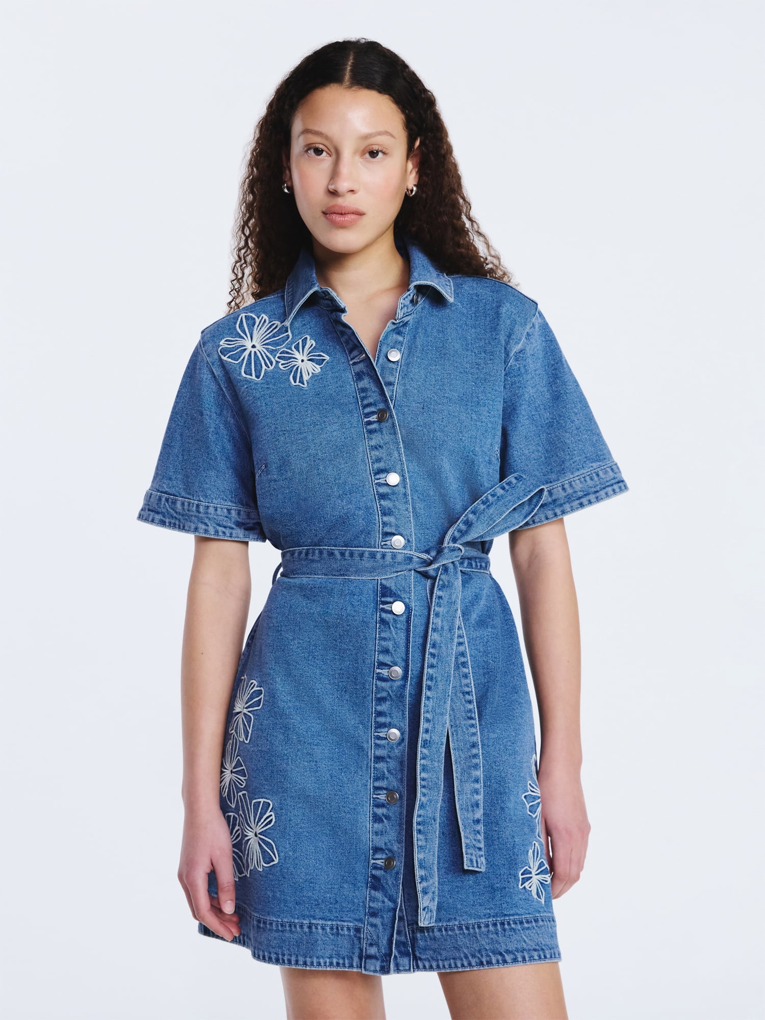 Free Assembly Women's and Women's Plus Embroidered Denim Mini Shirtdress with Belt, Sizes XS-4X