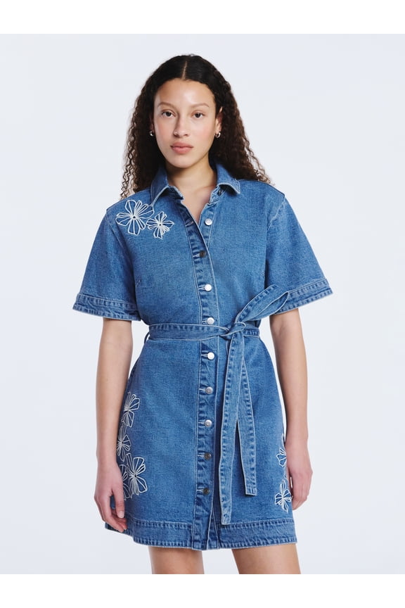 Women's and Women's Plus Embroidered Denim Mini Shirtdress with Belt, Sizes XS-4X