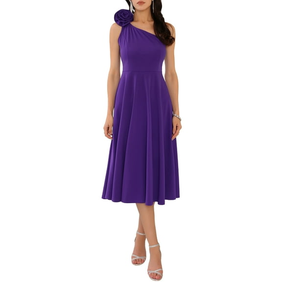 INSPIRE CHIC Women's One Shoulder Dresses Sleeveless Elegant Bow Cocktail Midi Dress S Purple