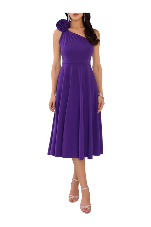 Women's One Shoulder Dresses Sleeveless Elegant Bow Cocktail Midi Dress XL Purple