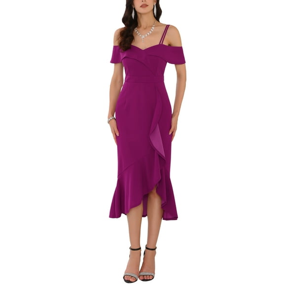 INSPIRE CHIC Women's Party Spaghetti Strap Dresses Wedding Guest Cocktail Ruffle Midi Dress XL Purple