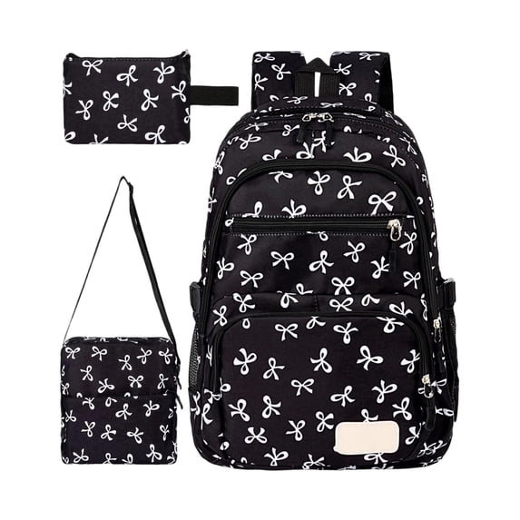 WONDBA 3pcs Large Capacity Backpack Student School Backpack Teen Lovely Bows Backpack,Black