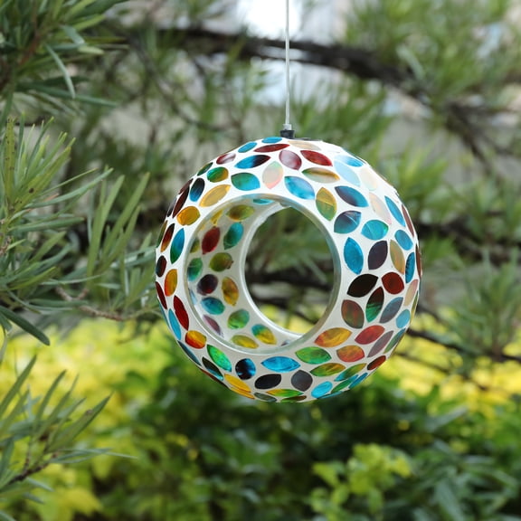 WONDER GARDEN Fly-Through Bird Feeder Mosaic Circle, Garden Hanging Hummingbird Feeder Outdoor for Wild Birds, Multi Color Droplets