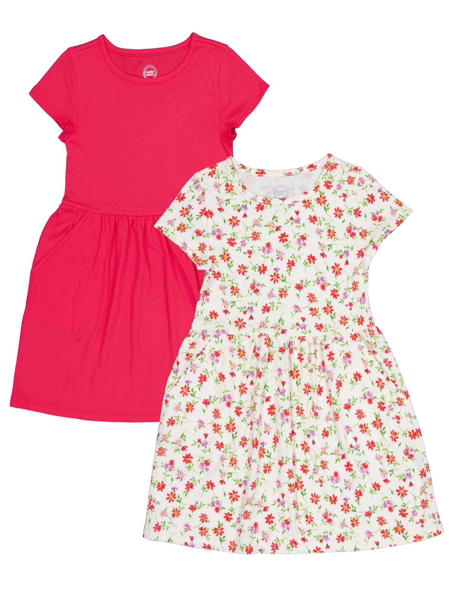 Wonder Nation Girl's Short Sleeve Play Dress, 2-Pack, Sizes 4-18 & Plus