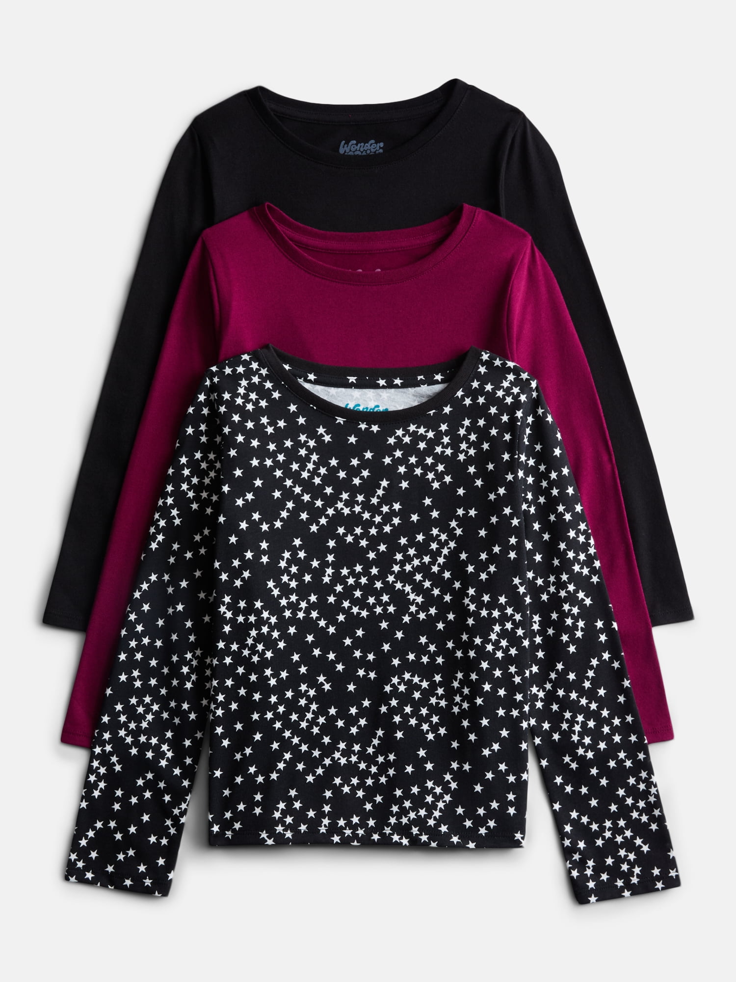 Wonder Nation Girls Kid Tough Tee with Long Sleeves, 3 Pack, Sizes 4-18 & Plus