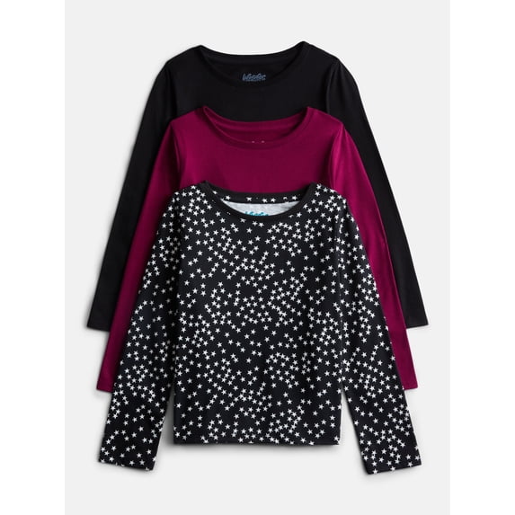Wonder Nation Girls Kid Tough Tee with Long Sleeves, 3 Pack, Sizes 4-18 & Plus