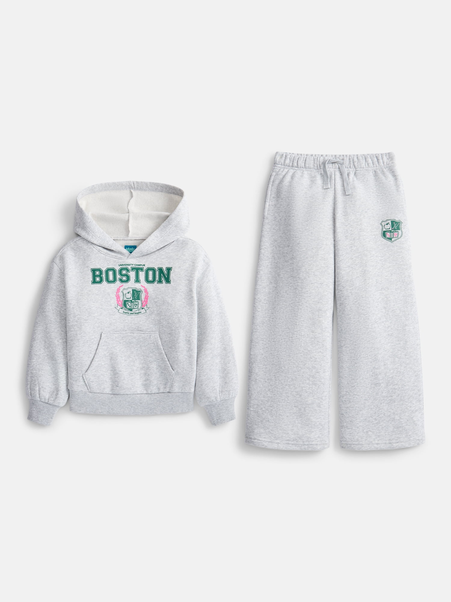 Wonder Nation Girls Fleece Hoodie and Wide Leg Sweatpant, 2-Piece Set, Sizes 4-18