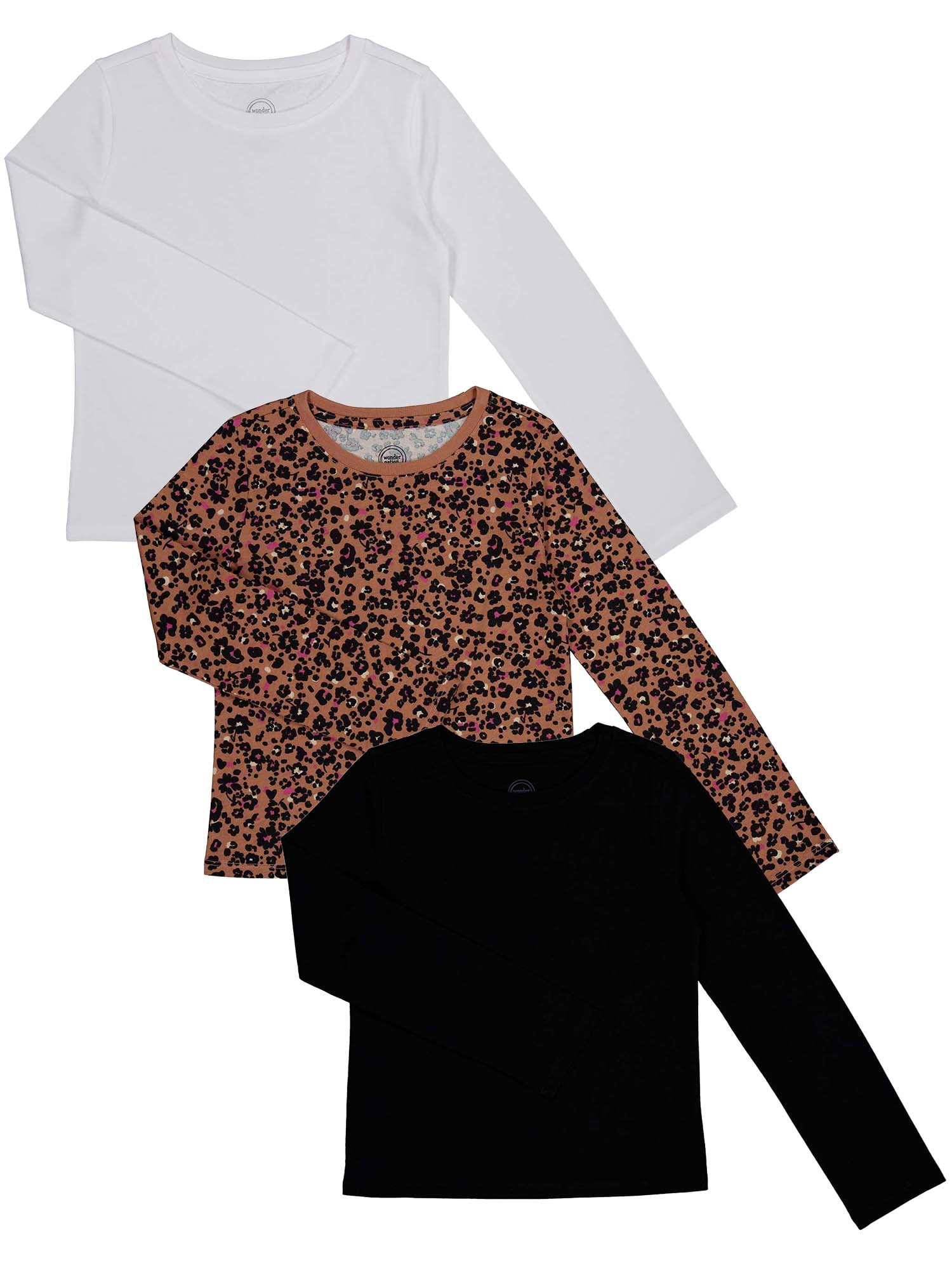 Wonder Nation Girls Long Sleeve Kid Tough T-Shirt, 3-Pack, Sizes 4-18 & Plus