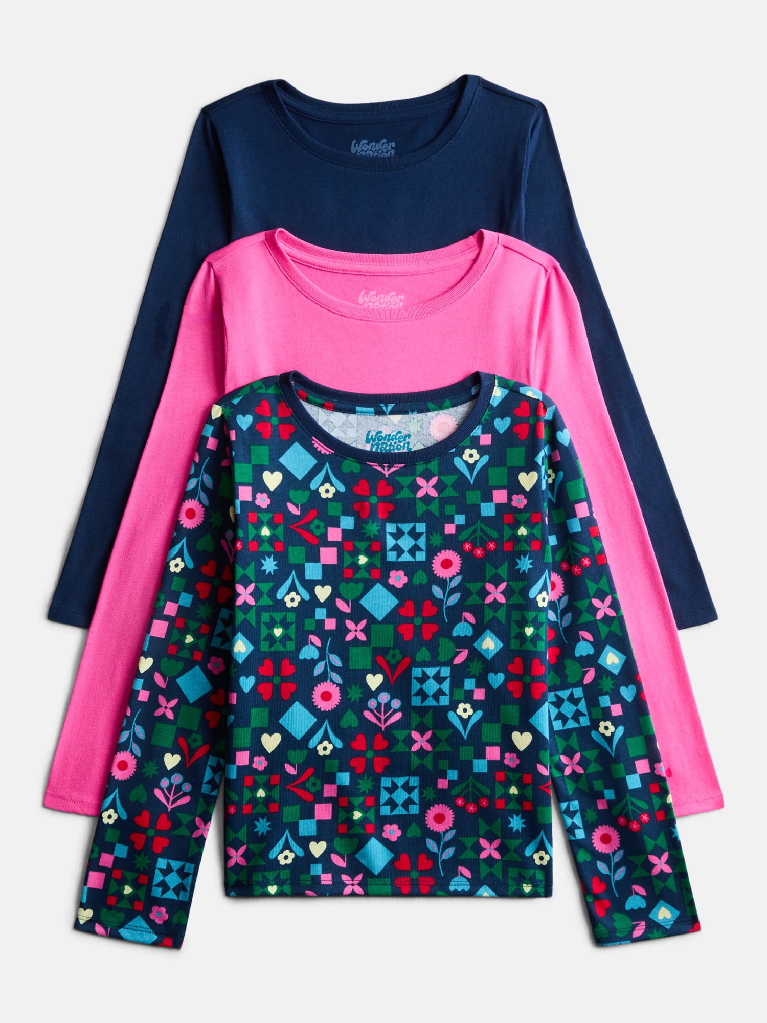 Wonder Nation Girls Kid Tough Tee with Long Sleeves, 3 Pack, Sizes 4-18 & Plus