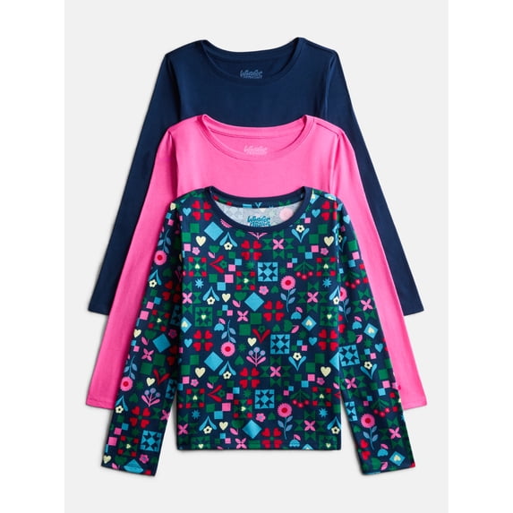 Wonder Nation Girls Kid Tough Tee with Long Sleeves, 3 Pack, Sizes 4-18 & Plus