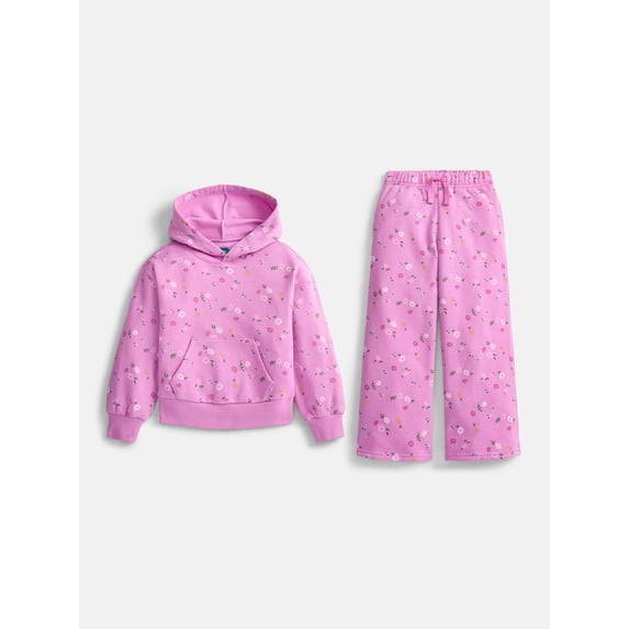 Wonder Nation Girls Fleece Hoodie and Wide Leg Sweatpants Set, 2-Piece, Sizes 4-18