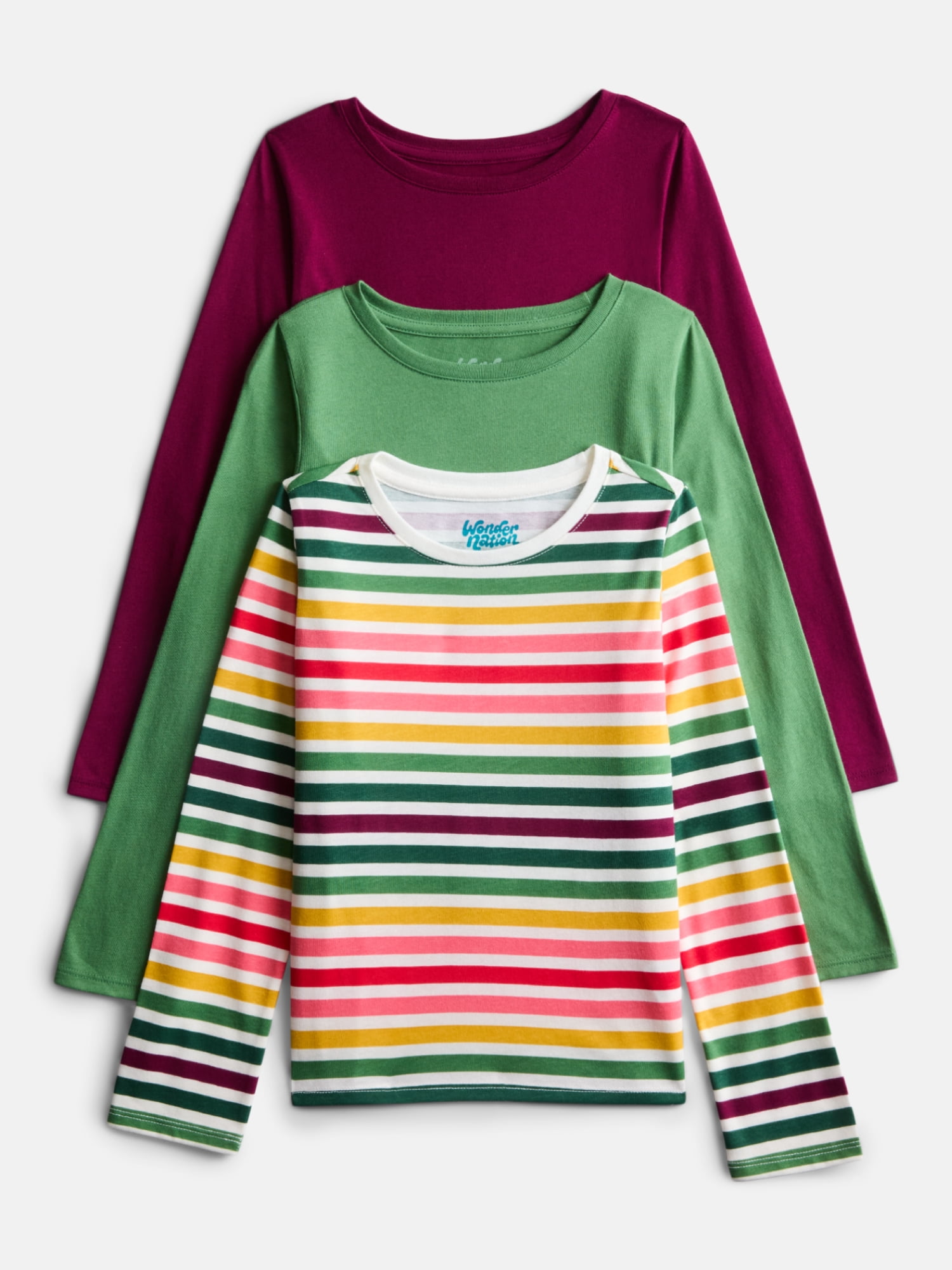 Wonder Nation Girls Kid Tough Tee with Long Sleeves, 3 Pack, Sizes 4-18 & Plus
