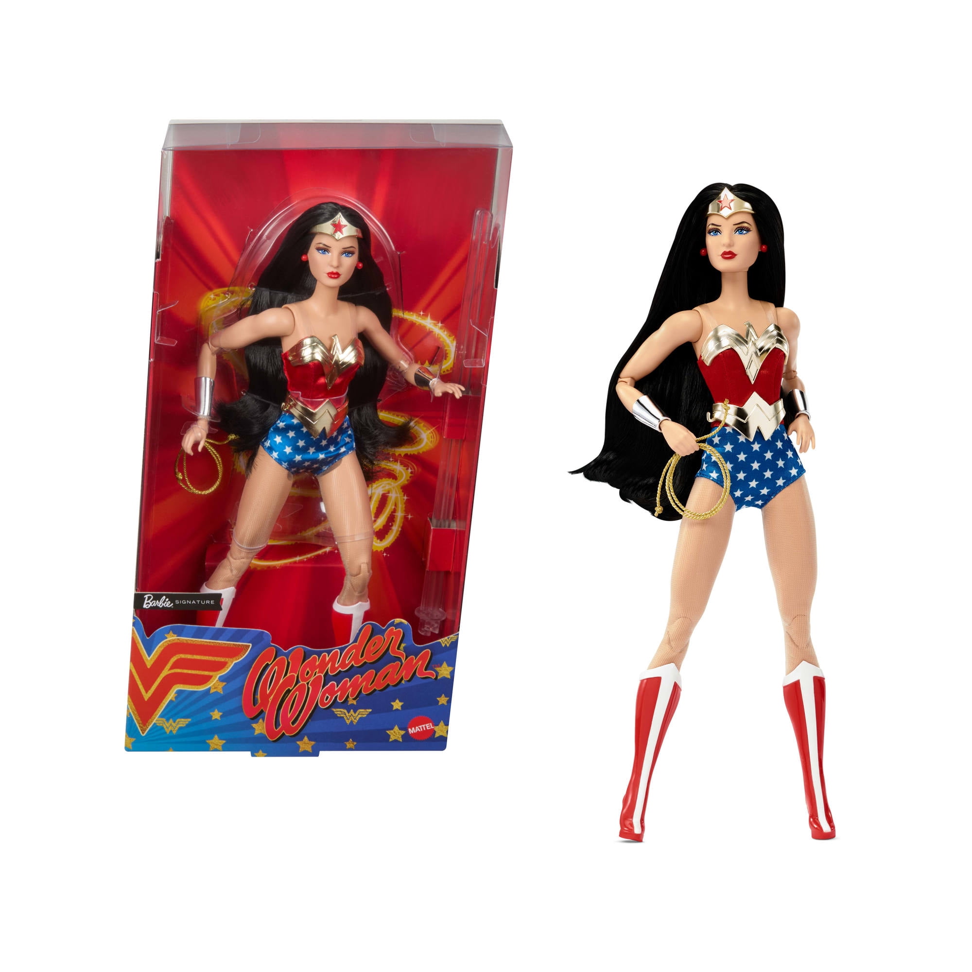 Barbie Wonder Woman Collectible Doll in Red and Blue Tank Suit with Golden Accessories and Lasso