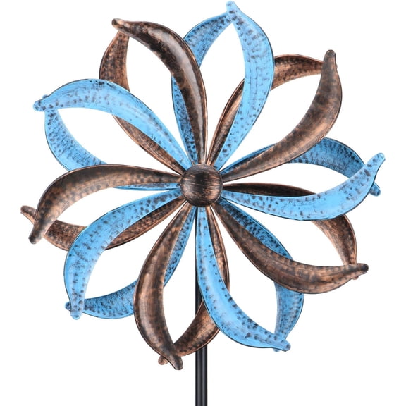 WONDER garden 61 inch Assembled Height Outdoor Wind Spinner Blue Flower with Metal Stake Wind Sculpture Decor Patio,Lawn,Garden