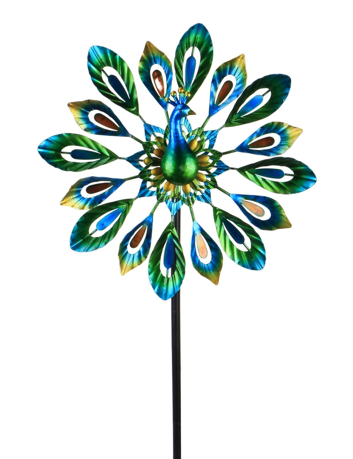 Green and Blue Metal Peacock Wind Spinner with Spiral Blades