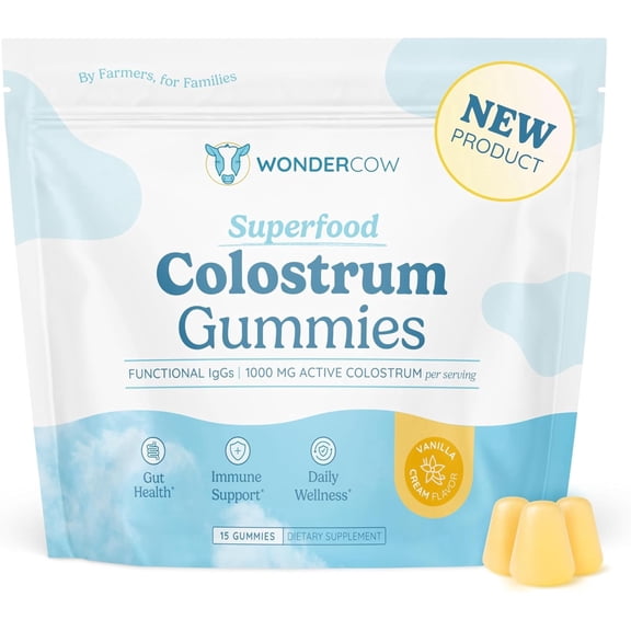 WONDERCOW Colostrum Gummies, Whole Bovine Colostrum Supplement, 1000mg per Serving, 15 Gummies, 5 Servings, Vanilla Cream Flavor