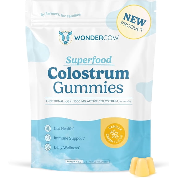 WONDERCOW Colostrum Gummies, Whole Bovine Colostrum Supplement, 1000mg per Serving, 90 Gummies, 30 Servings, Vanilla Cream Flavor